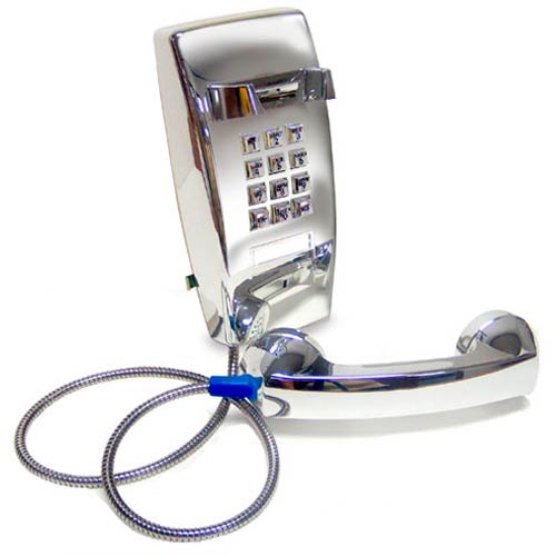2554 CP-A32 | All-Chrome Touch-Tone Wall-Mount Telephone with Armored Cord | Asimitel | Chrome Phone w/ Metal Cord (wall)