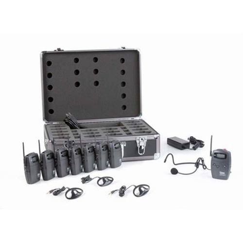 LS-13-216 | 30 Person Portable FM System Kit includes: (1) LT-700 Portable FM Transmitter, (1) LA-278 Behind-the-Head Microphone, (30) LR-400 Portable Display FM Receiver (72 or 216MHz), (30) LA-164 Ear Speaker, (2) LA-311 16-unit FM Products Charging/Car